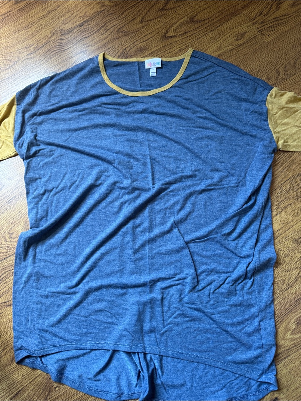 LuLaRoe Blue Tee with Mustard Trim